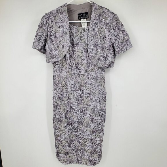 Alex Evenings 3D Rose Silver Sequin Midi Length Formal Cocktail Dress and Topper - Picture 1 of 11
